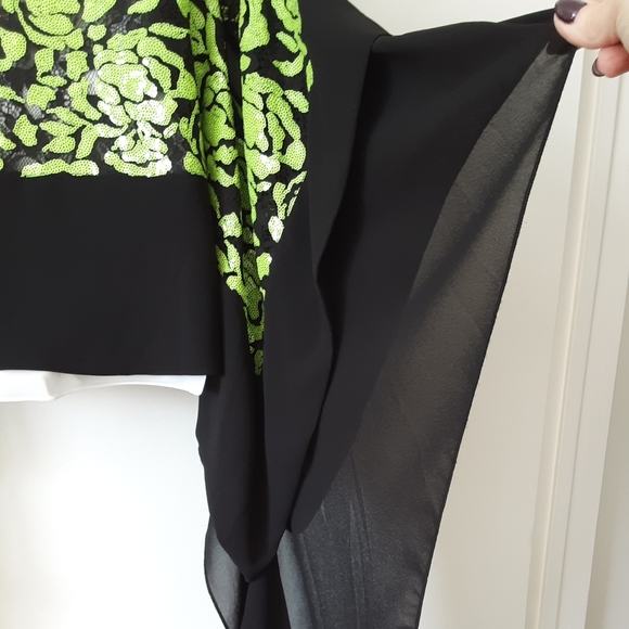 Canadian Made LACE Open Front Black Vest with Lime Sequins on Lace One Size - Picture 5 of 7